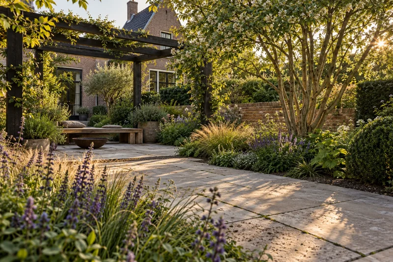 Buitenwerk: groene tuin met terras en houten pergola