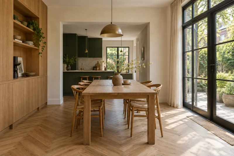 Steengoed: licht interieur met groene keuken